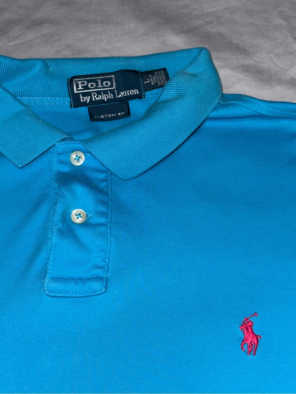 Polo by Ralph Lauren Men’s Bright Turquoise Polo with Pink Logo